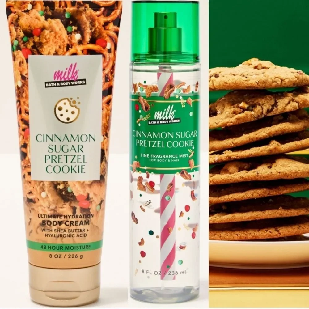 Bath Body Works Milk Bar Cinnamon Sugar Pretzel Cookie Body Cream & Mist Set NEW